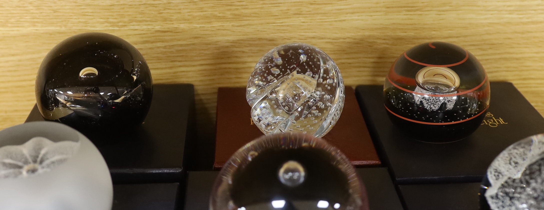 Nine Caithness paperweights including Ice Blossom, limited edition 419/1000 and Touchdown, 361/1000, each with boxes, the largest 7.5cm high